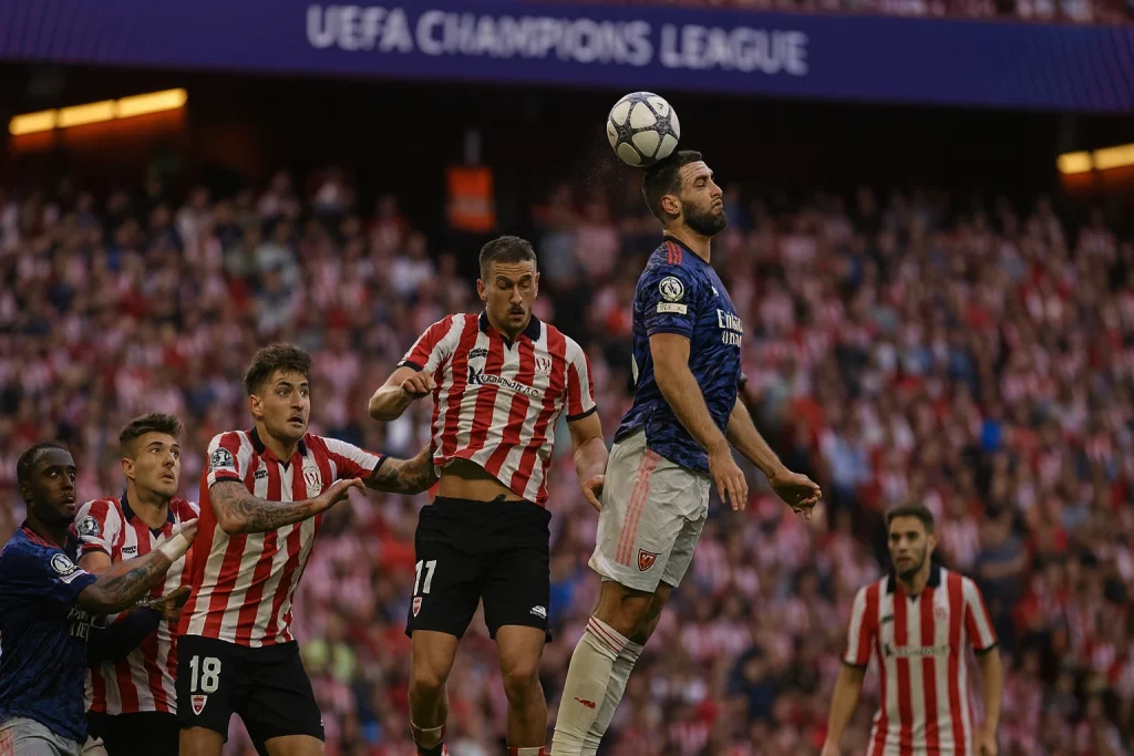 Gabriel Martinelli merayakan gol pembuka Arsenal dalam laga tandang melawan Athletic Bilbao di San Mamés.