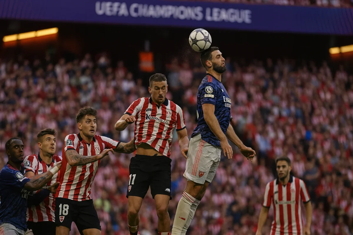 Gabriel Martinelli merayakan gol pembuka Arsenal dalam laga tandang melawan Athletic Bilbao di San Mamés.