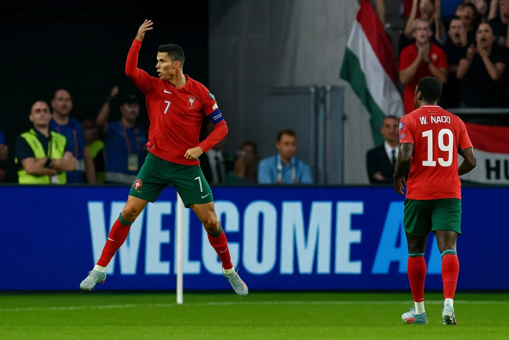 Pertandingan Hongaria vs Portugal di Euro dengan Cristiano Ronaldo beraksi melawan pemain Hungaria.