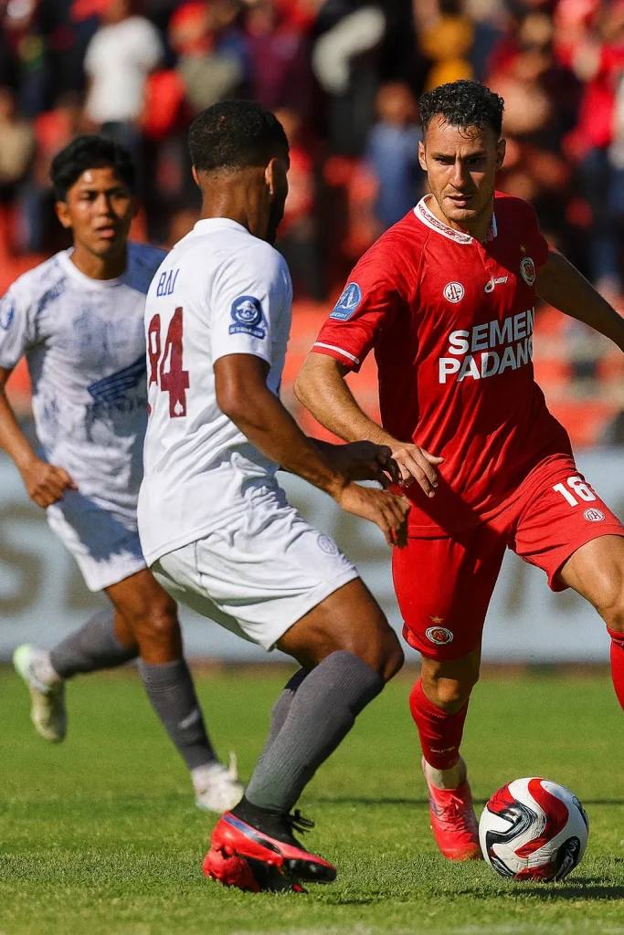 Aksi pemain Semen Padang dan PSBS Biak dalam laga Super League 2025 di Stadion Haji Agus Salim